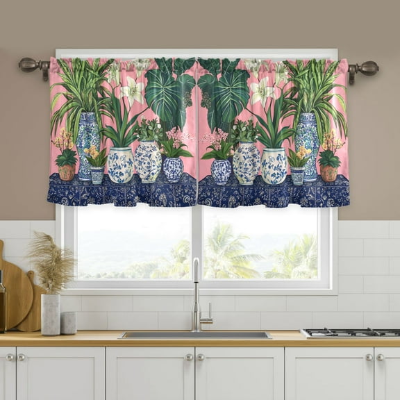 Yayeee Kitchen Curtains Set of 2 Light Filtering 57"x24" Over Sink Window Panels, Floral Vase