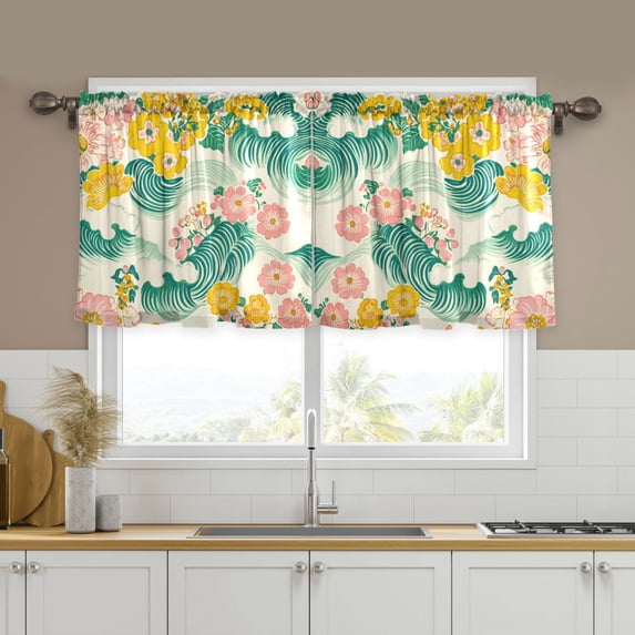 Yayeee Kitchen Curtains Tier Set of 2 Light Filtering 57"x24" Over Sink Window Panels, Floral Wave