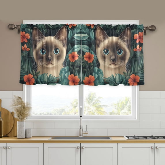 Yayeee Kitchen Curtains Tier Set of 2 Light Filtering 57"x24" Over Sink Window Panels, Flowers and Cat