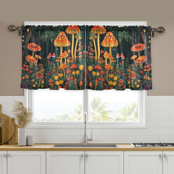 Yayeee Kitchen Curtains Tier Set of 2 Light Filtering 57"x24" Over Sink Window Panels, Forest Mushroom