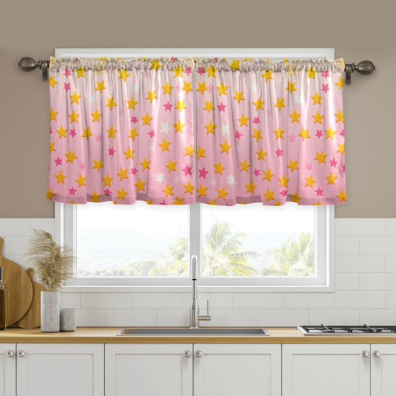 Yayeee Kitchen Curtains Tier Set of 2 Light Filtering 57"x24" Over Sink Window Panels, Gradient Pink Stars
