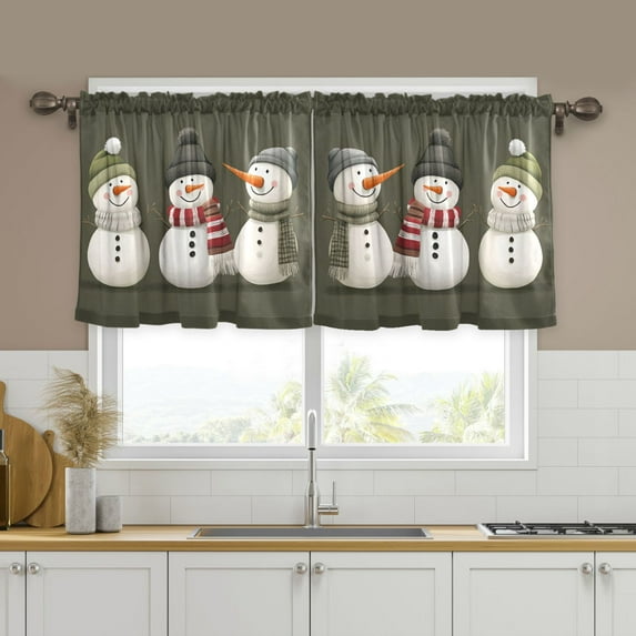 Yayeee Kitchen Curtains Set of 2 Light Filtering 57"x24" Over Sink Window Panels, Gray Cute Snowmen