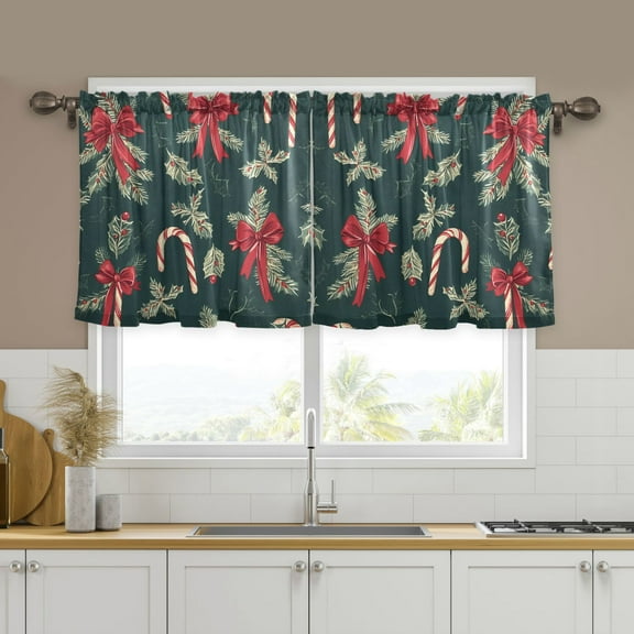 Yayeee Kitchen Curtains Set of 2 Light Filtering 57"x24" Over Sink Window Panels, Green Christmas Candy Canes