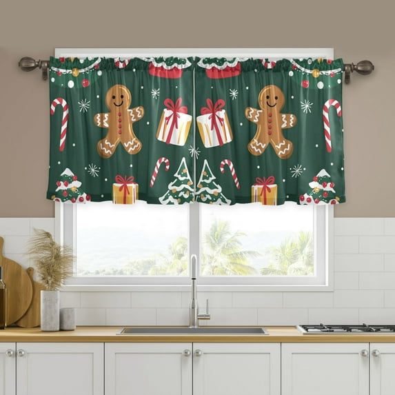 Yayeee Kitchen Curtains Tier Set of 2 Light Filtering 57"x24" Over Sink Window Panels, Green Christmas Gingerbread
