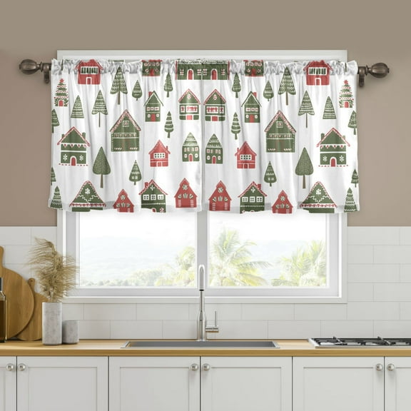 Yayeee Kitchen Curtains Set of 2 Light Filtering 57"x24" Over Sink Window Panels, Green Christmas House