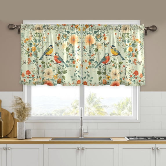 Yayeee Kitchen Curtains Tier Set of 2 Light Filtering 57"x24" Over Sink Window Panels, Green Floral Pattern