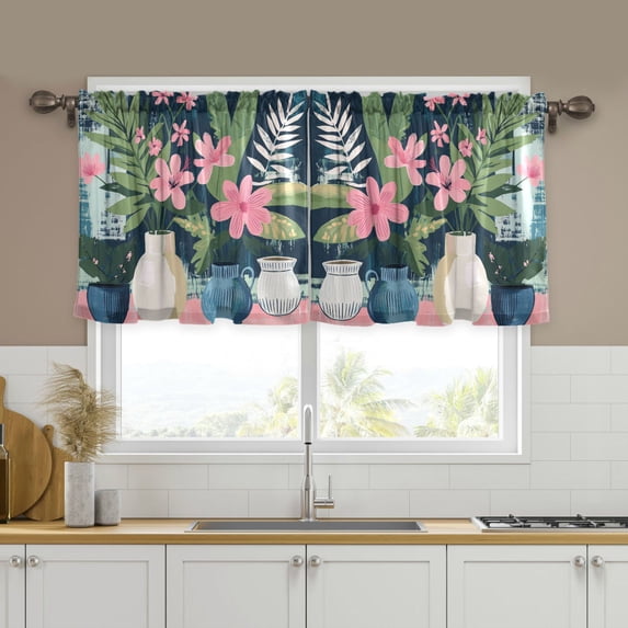 Yayeee Kitchen Curtains Set of 2 Light Filtering 57"x24" Over Sink Window Panels, Green Floral
