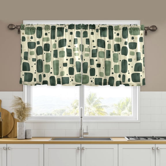 Yayeee Kitchen Curtains Tier Set of 2 Light Filtering 57"x24" Over Sink Window Panels, Green Geometric