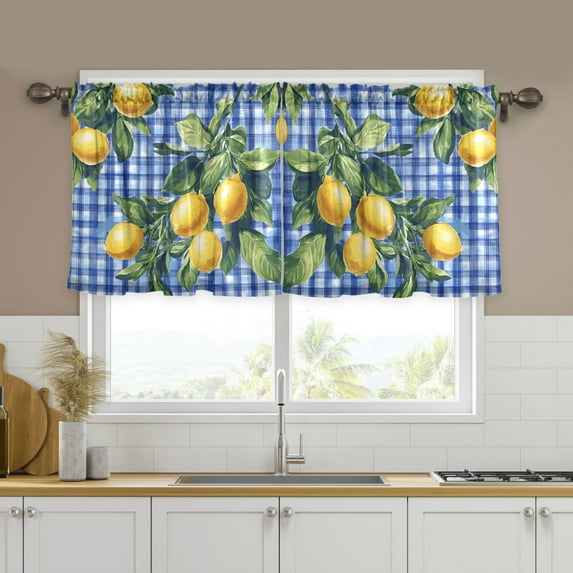Yayeee Kitchen Curtains Tier Set of 2 Light Filtering 57"x24" Over Sink Window Panels, Green Lemon Plaid
