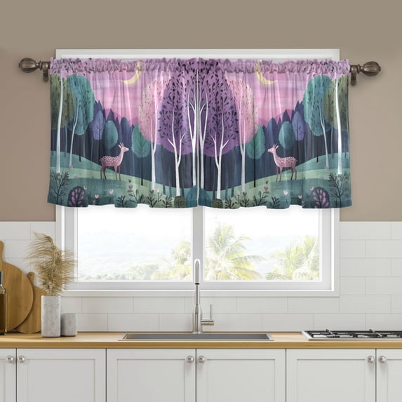 Yayeee Kitchen Curtains Tier Set of 2 Light Filtering 57"x24" Over Sink Window Panels, Green Night Deer