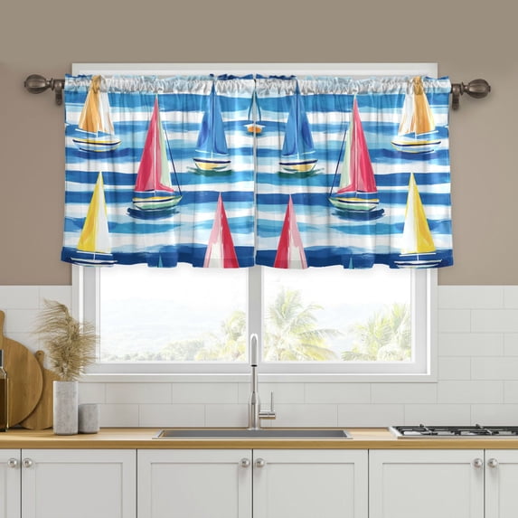 Yayeee Kitchen Curtains Tier Set of 2 Light Filtering 57"x24" Over Sink Window Panels, Green Sailboats