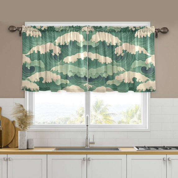 Yayeee Kitchen Curtains Tier Set of 2 Light Filtering 57"x24" Over Sink Window Panels, Green Wave Pattern