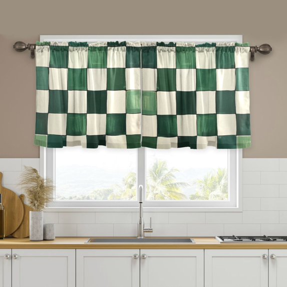 Yayeee Kitchen Curtains Set of 2 Light Filtering 57"x24" Over Sink Window Panels, Green and White Plaid Pattern