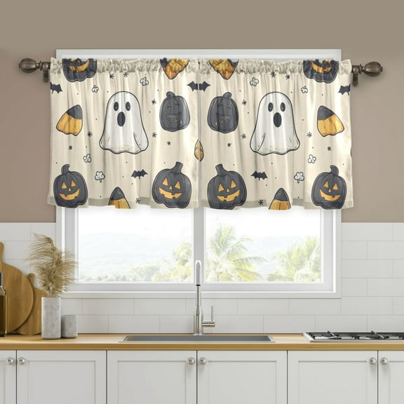 Yayeee Kitchen Curtains Tier Set of 2 Light Filtering 57"x24" Over Sink Window Panels, Halloween Black Pumpkins