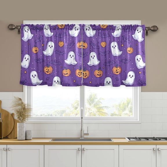 Yayeee Kitchen Curtains Tier Set of 2 Light Filtering 57"x24" Over Sink Window Panels, Halloween Purple Ghosts