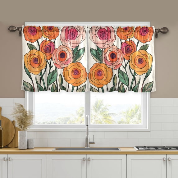 Yayeee Kitchen Curtains Tier Set of 2 Light Filtering 57"x24" Over Sink Window Panels, Hand Drawn Floral
