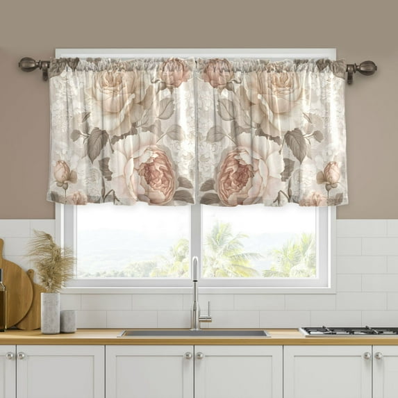 Yayeee Kitchen Curtains Set of 2 Light Filtering 57"x24" Over Sink Window Panels, Lace and Floral