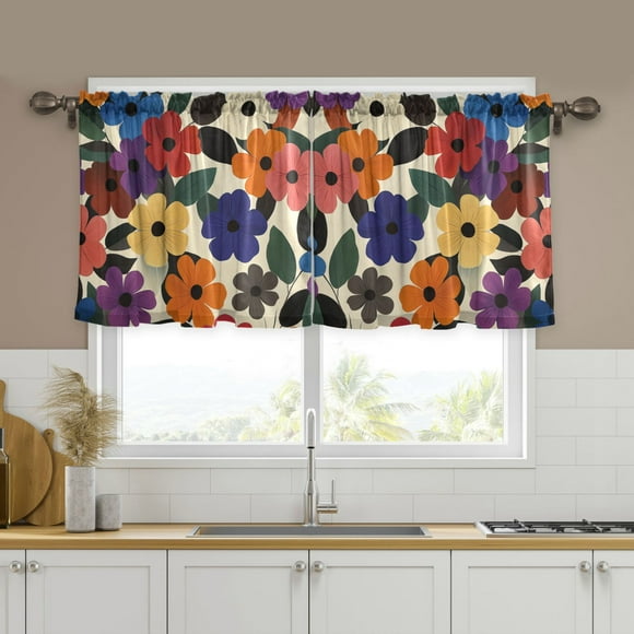 Yayeee Kitchen Curtains Set of 2 Light Filtering 57"x24" Over Sink Window Panels, Large Colorful Flowers Pattern