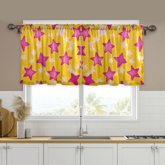 Yayeee Kitchen Curtains Tier Set of 2 Light Filtering 57"x24" Over Sink Window Panels, Large Pink Stars