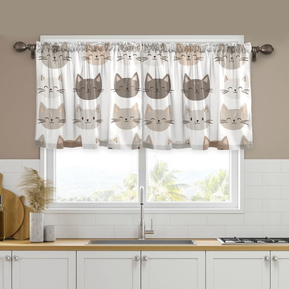 Yayeee Kitchen Curtains Tier Set of 2 Light Filtering 57"x24" Over Sink Window Panels, Light Gray Cat Pattern