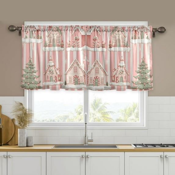 Yayeee Kitchen Curtains Tier Set of 2 Light Filtering 57"x24" Over Sink Window Panels, Light Green Christmas Houses