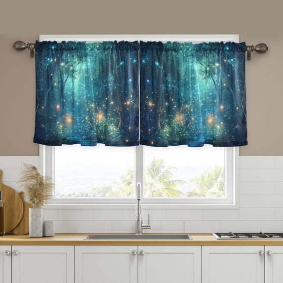 Yayeee Kitchen Curtains Tier Set of 2 Light Filtering 57"x24" Over Sink Window Panels, Magical Forest Glowing Lights