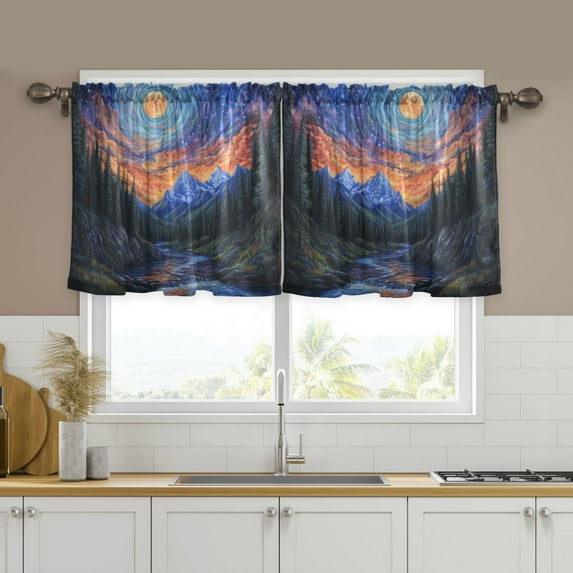 Yayeee Kitchen Curtains Tier Set of 2 Light Filtering 57"x24" Over Sink Window Panels, Mountains and Forests