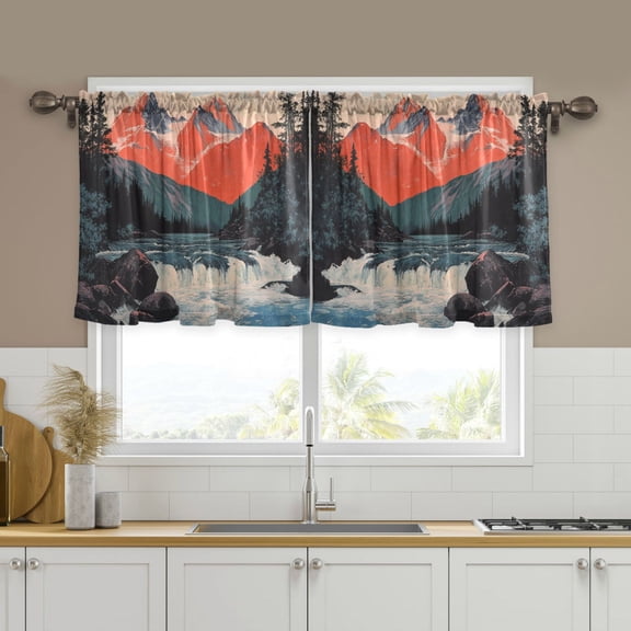 Yayeee Kitchen Curtains Tier Set of 2 Light Filtering 57"x24" Over Sink Window Panels, Mountains at Dawn