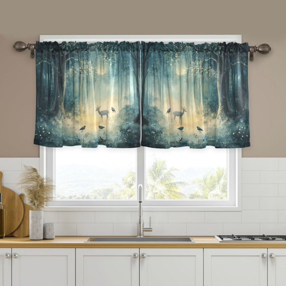 Yayeee Kitchen Curtains Tier Set of 2 Light Filtering 57"x24" Over Sink Window Panels, Night Forest Scene