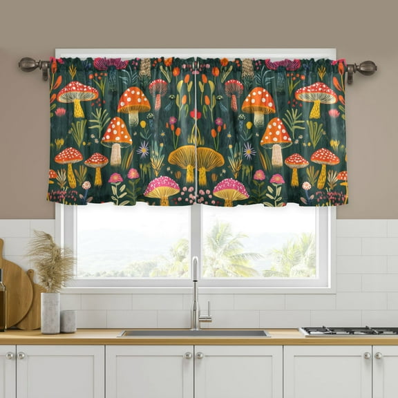 Yayeee Kitchen Curtains Tier Set of 2 Light Filtering 57"x24" Over Sink Window Panels, Orange Mushroom