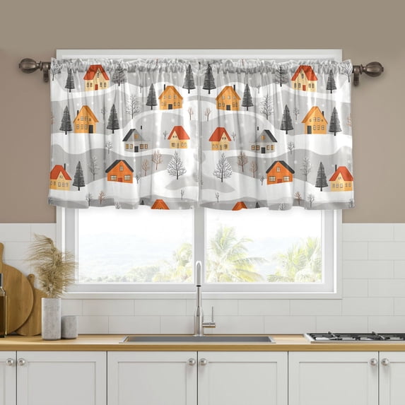 Yayeee Kitchen Curtains Tier Set of 2 Light Filtering 57"x24" Over Sink Window Panels, Orange Snow Houses