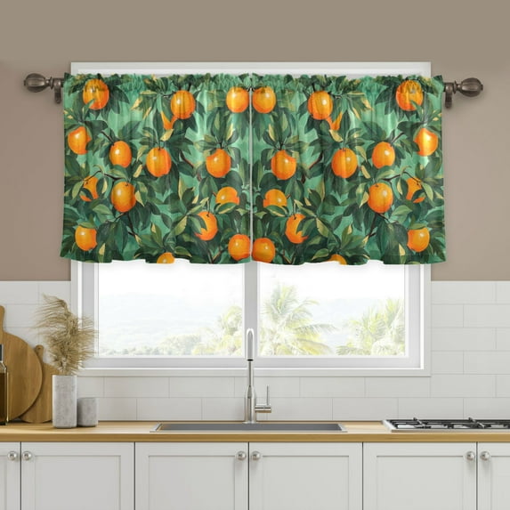 Yayeee Kitchen Curtains Tier Set of 2 Light Filtering 57"x24" Over Sink Window Panels, Orange Tree Pattern