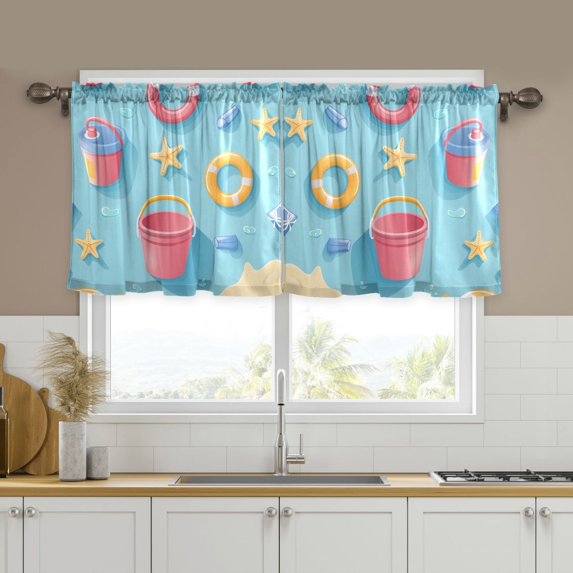 Yayeee Kitchen Curtains Set of 2 Light Filtering 57"x24" Over Sink Window Panels, Pink Beach Toys Pattern
