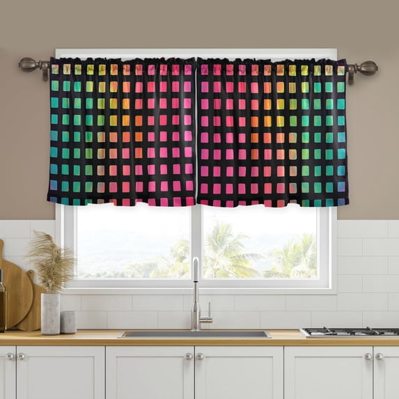 Yayeee Kitchen Curtains Tier Set of 2 Light Filtering 57"x24" Over Sink Window Panels, Pink Block Pattern