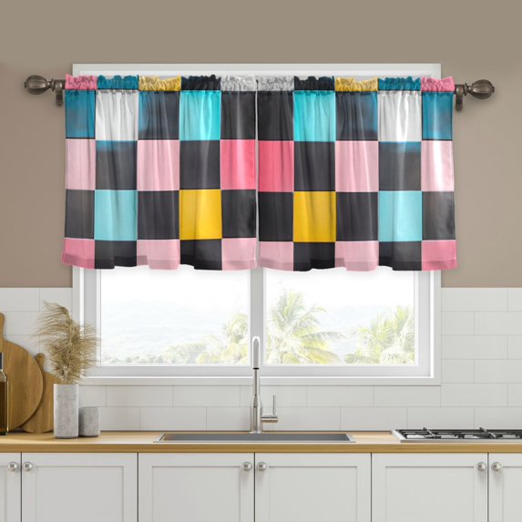 Yayeee Kitchen Curtains Set of 2 Light Filtering 57"x24" Over Sink Window Panels, Pink Checkered Pattern