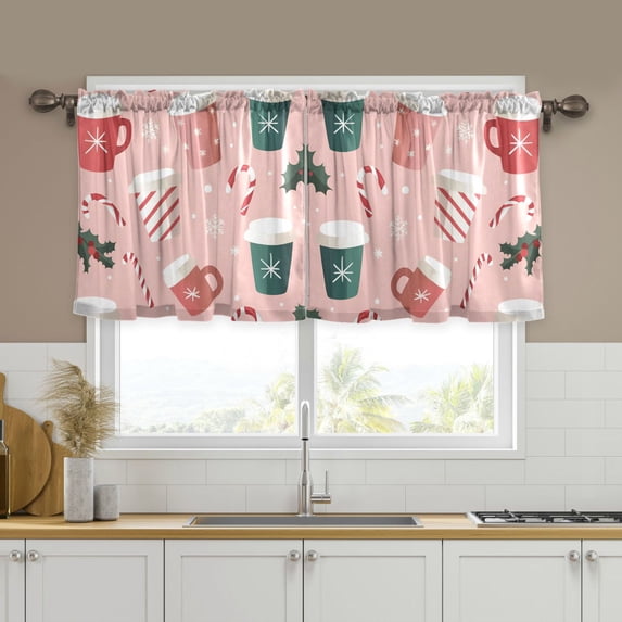Yayeee Kitchen Curtains Tier Set of 2 Light Filtering 57"x24" Over Sink Window Panels, Pink Christmas Cups