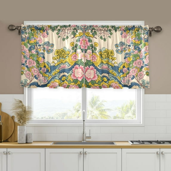 Yayeee Kitchen Curtains Set of 2 Light Filtering 57"x24" Over Sink Window Panels, Pink Floral Wave