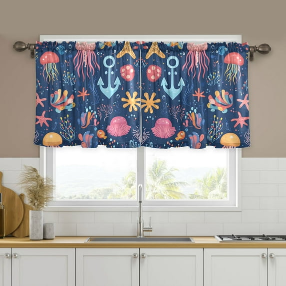 Yayeee Kitchen Curtains Tier Set of 2 Light Filtering 57"x24" Over Sink Window Panels, Pink Jellyfish