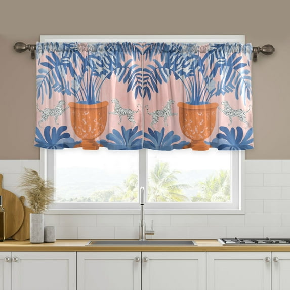 Yayeee Kitchen Curtains Tier Set of 2 Light Filtering 57"x24" Over Sink Window Panels, Pink Leaves