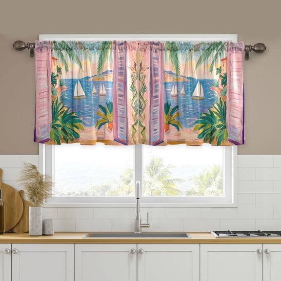 Yayeee Kitchen Curtains Tier Set of 2 Light Filtering 57"x24" Over Sink Window Panels, Pink Seaside Boat