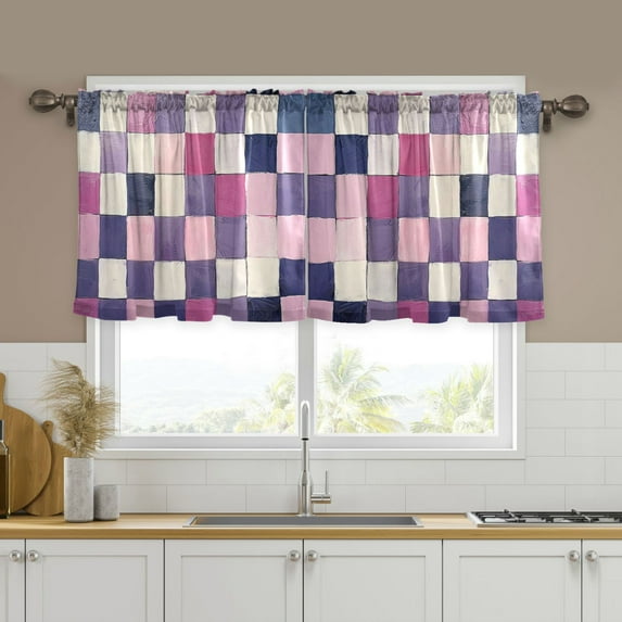 Yayeee Kitchen Curtains Tier Set of 2 Light Filtering 57"x24" Over Sink Window Panels, Pink and Purple Plaid Pattern