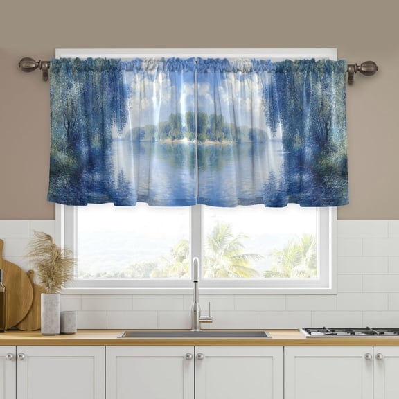 Yayeee Kitchen Curtains Tier Set of 2 Light Filtering 57"x24" Over Sink Window Panels, Plants and River