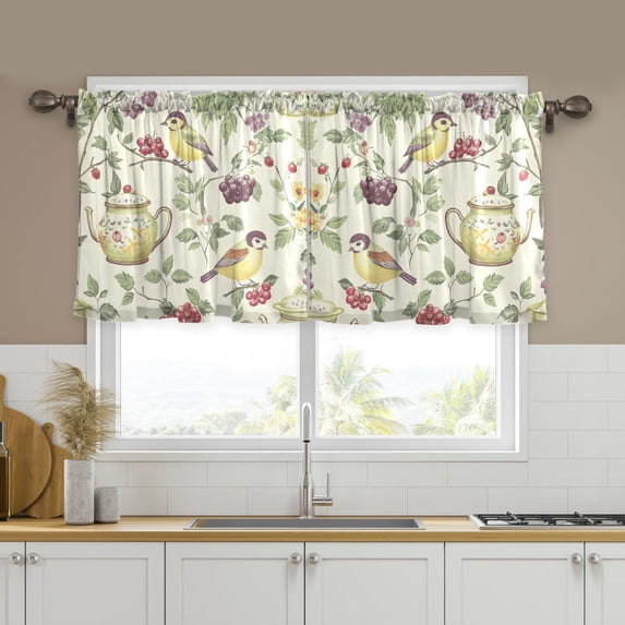 Yayeee Kitchen Curtains Tier Set of 2 Light Filtering 57"x24" Over Sink Window Panels, Purple Birds Teapots