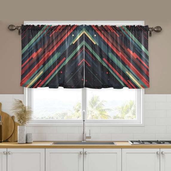 Yayeee Kitchen Curtains Tier Set of 2 Light Filtering 57"x24" Over Sink Window Panels, Red Abstract Lines