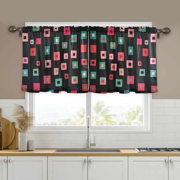 Yayeee Kitchen Curtains Tier Set of 2 Light Filtering 57"x24" Over Sink Window Panels, Red Block Pattern