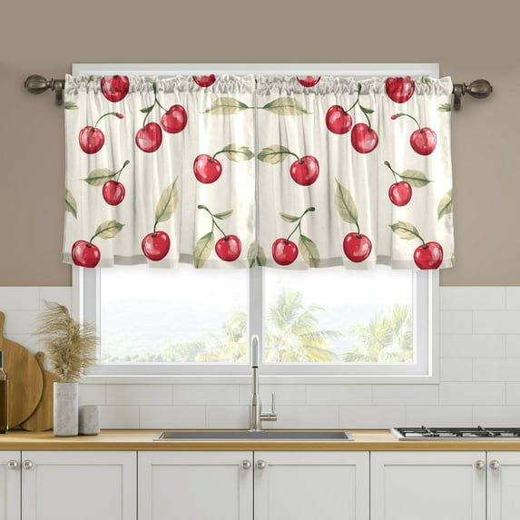 Yayeee Kitchen Curtains Tier Set of 2 Light Filtering 57"x24" Over Sink Window Panels, Red Cherry