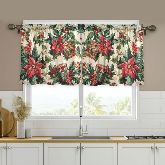 Yayeee Kitchen Curtains Set of 2 Light Filtering 57"x24" Over Sink Window Panels, Red Christmas Poinsettia