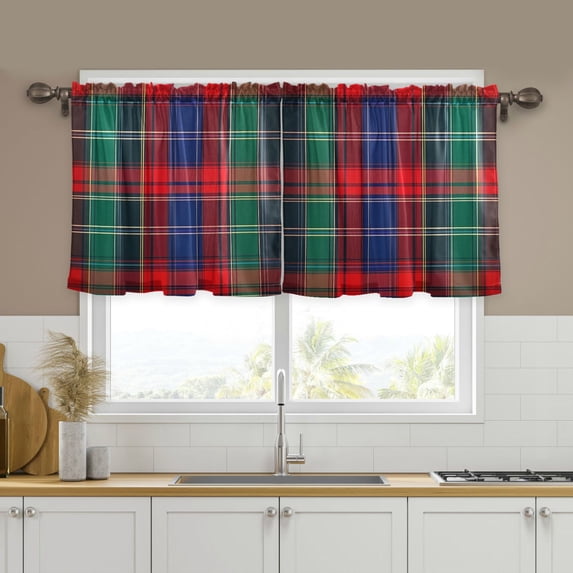 Yayeee Kitchen Curtains Tier Set of 2 Light Filtering 57"x24" Over Sink Window Panels, Red Green Pattern