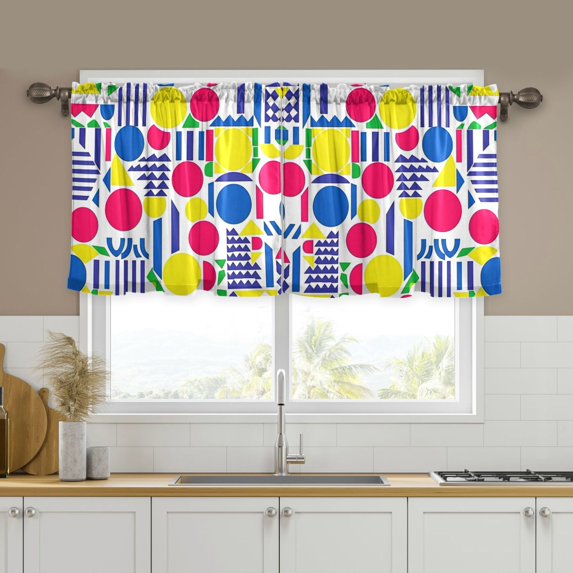 Yayeee Kitchen Curtains Tier Set of 2 Light Filtering 57"x24" Over Sink Window Panels, Red Retro Shapes