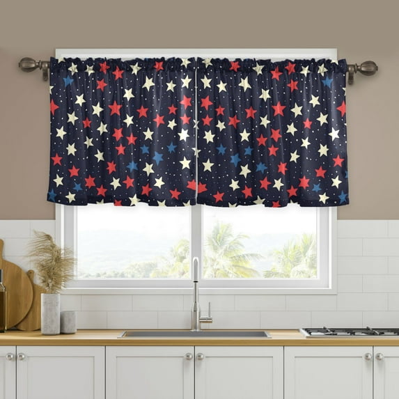 Yayeee Kitchen Curtains Tier Set of 2 Light Filtering 57"x24" Over Sink Window Panels, Red Starry Pattern